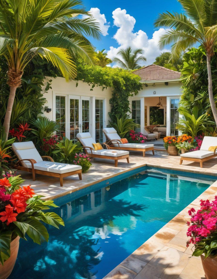 A luxurious backyard oasis featuring a stylish pool surrounded by lush tropical plants and colorful flowers. Include lounging chairs with sunbathers and vibrant pool party scenes, such as people enjoying drinks and playing games. The sunlight casts playful reflections on the water, creating a cheerful and inviting atmosphere. Showcase a clear blue sky with a few fluffy clouds. painting. vibrant colors.
