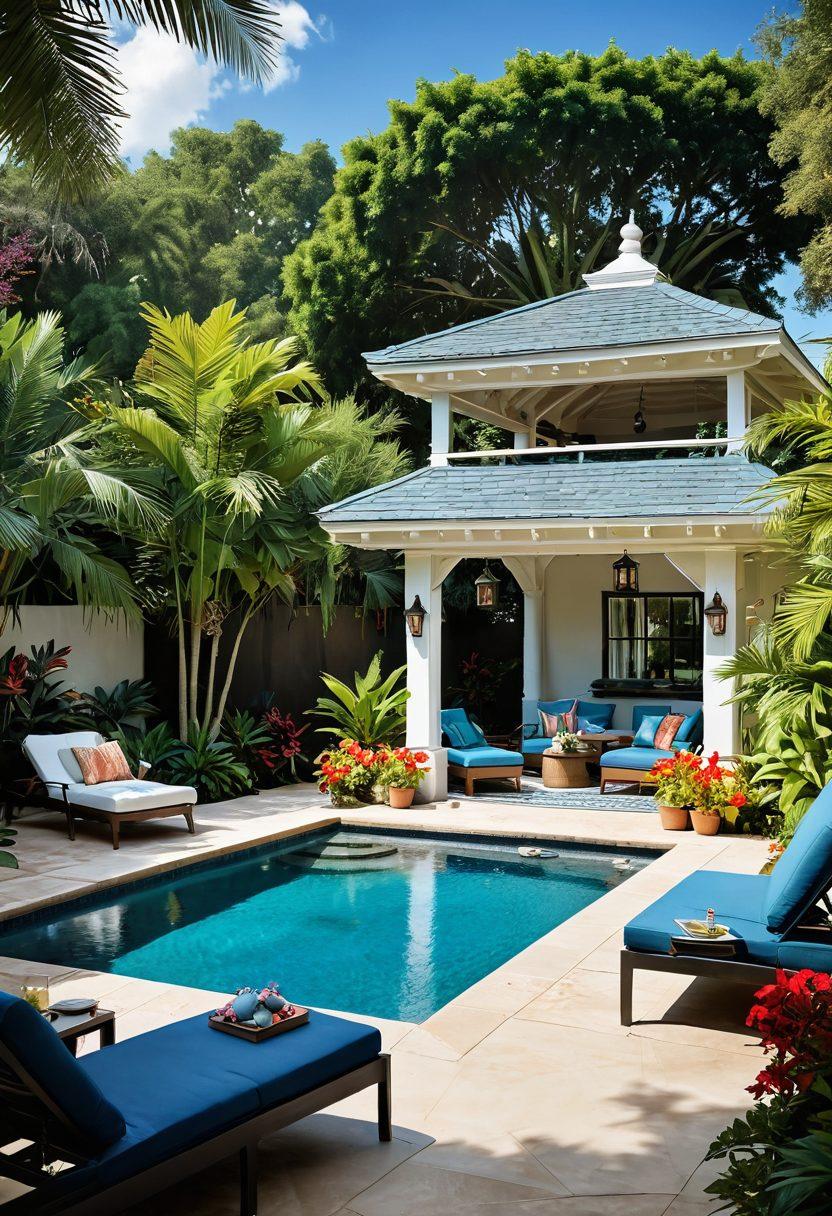 A serene backyard oasis featuring an inviting swimming pool surrounded by lush tropical plants and colorful flowers. Include comfortable lounge chairs and a shaded gazebo with hanging lanterns for a cozy vibe. Add a refreshing drink on a table by the poolside to evoke relaxation. Bright blue skies with soft, fluffy clouds enhance the tranquil atmosphere. vibrant colors. super-realistic. sunny ambiance.
