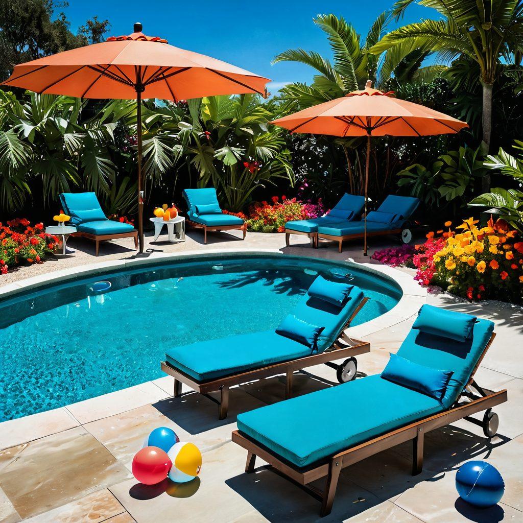 A luxurious poolside scene featuring a shimmering azure pool, surrounded by lush tropical plants and vibrant flowers. Include elegant lounge chairs with colorful cushions, a stylish umbrella providing shade, and a small table with refreshing summer drinks. Add playful beach balls and a sun-soaked blue sky to evoke a joyful summer atmosphere. super-realistic. vibrant colors. sunny setting.